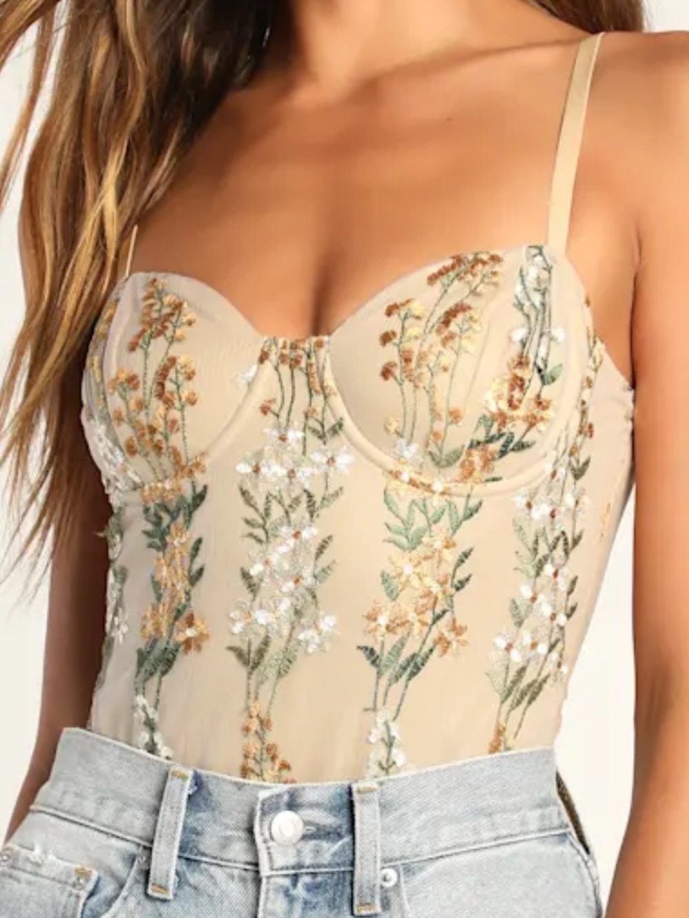 Essence of Elegance Beige Embroidered Bustier Bodysuit